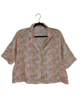 Papinelle Womens Pink Floral Short-Sleeve Button-Up Pajama Top 100% Cotton Sz S